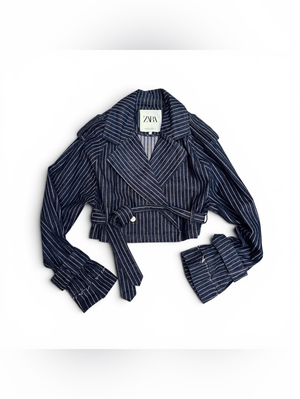 Zara Navy Pinstripe Cropped Trench Blazer